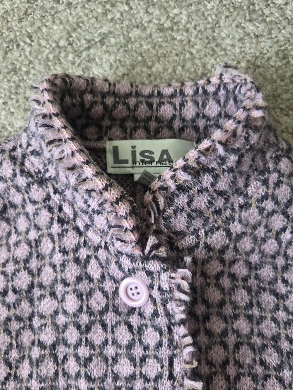 Vtg Wool Button Sweater Blazer Jacket Pink Geo Tweed Patterned Fringed Size XL